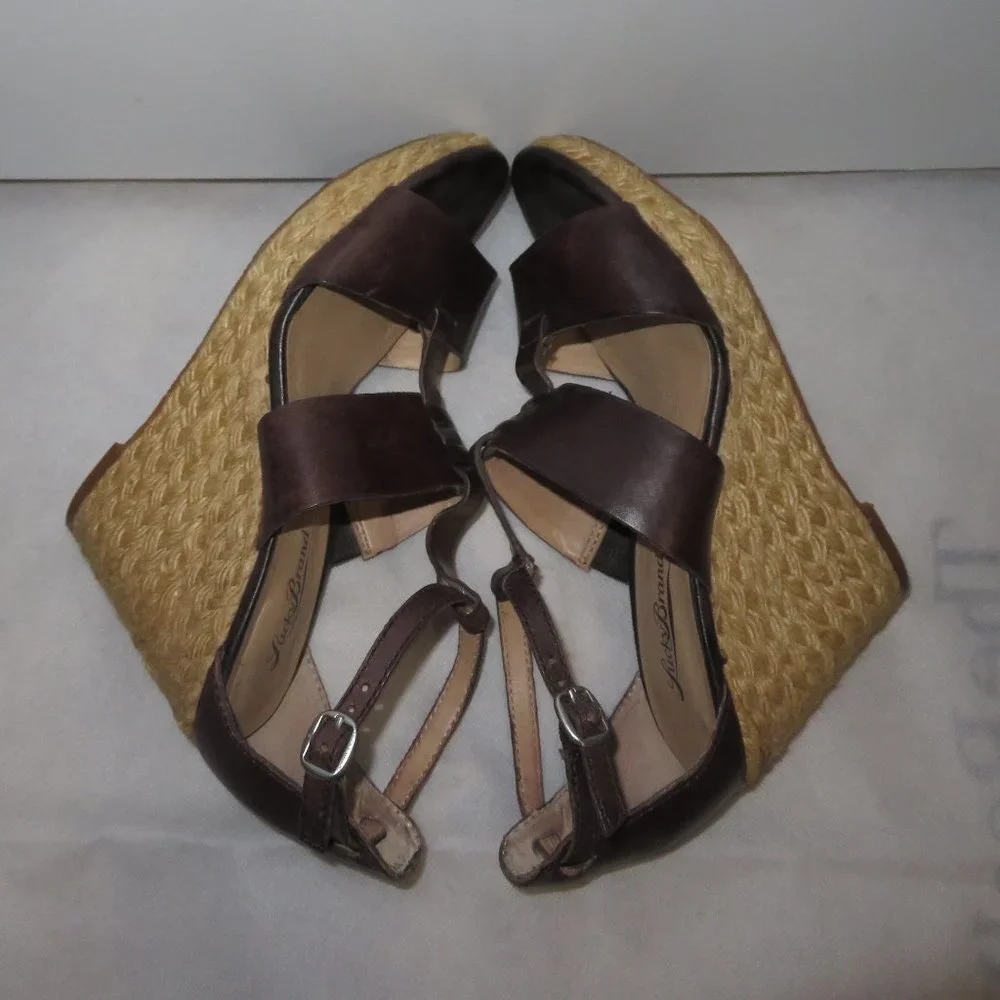 Lucky Brand Brown Leather Espadrille Wedge Sandal 7.5